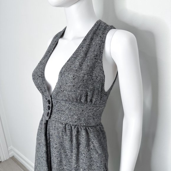 Prophecy Vintage 90s Tweed Pleated Button Waist V Neck Fit & Flare Dress in Gray - Picture 3 of 16